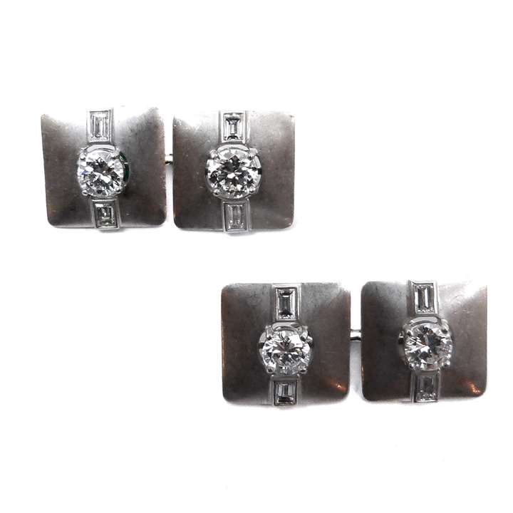 Pair of Art Deco platinum and diamond square panel cufflinks